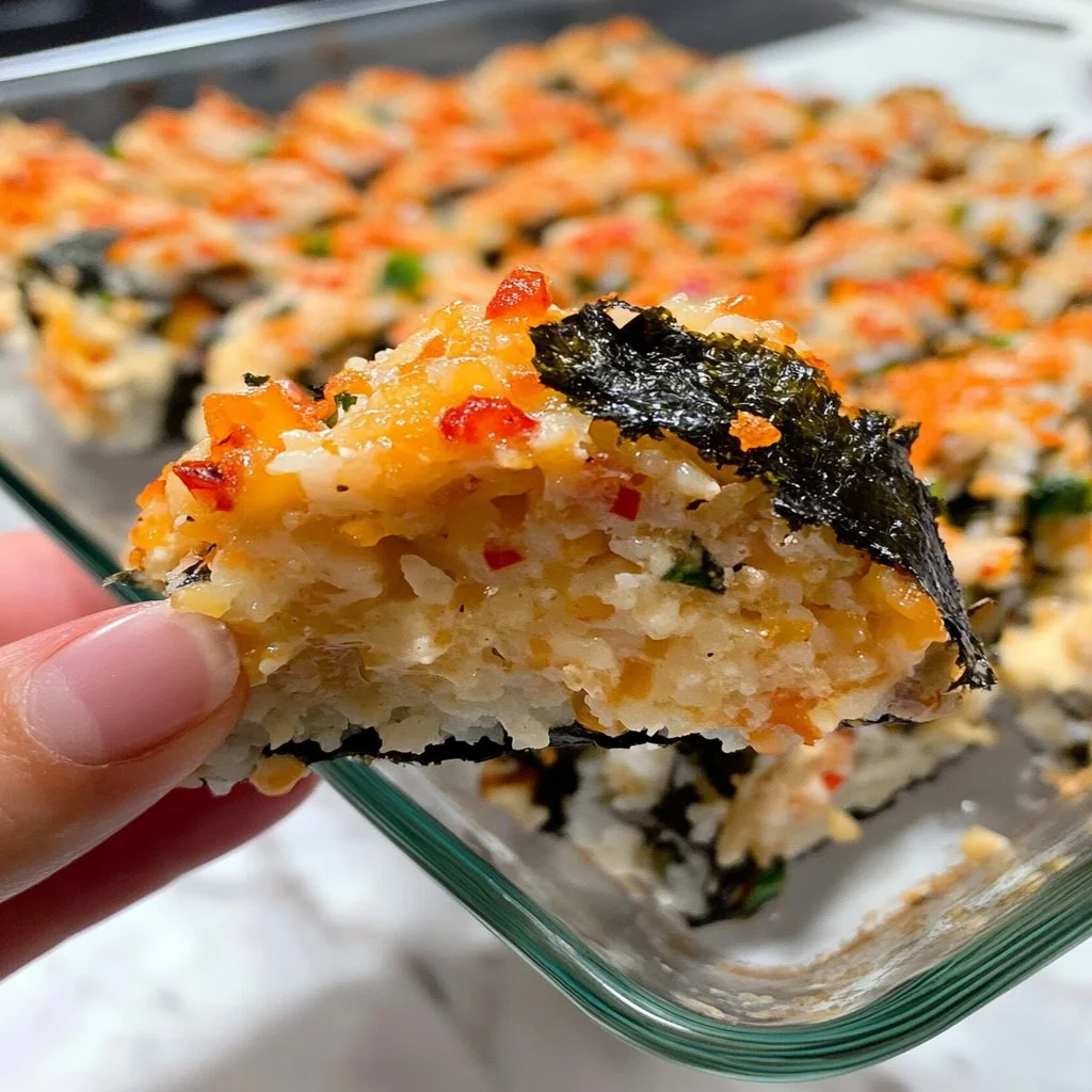 Baked sushi dish topped with seafood and avocado on a plate.