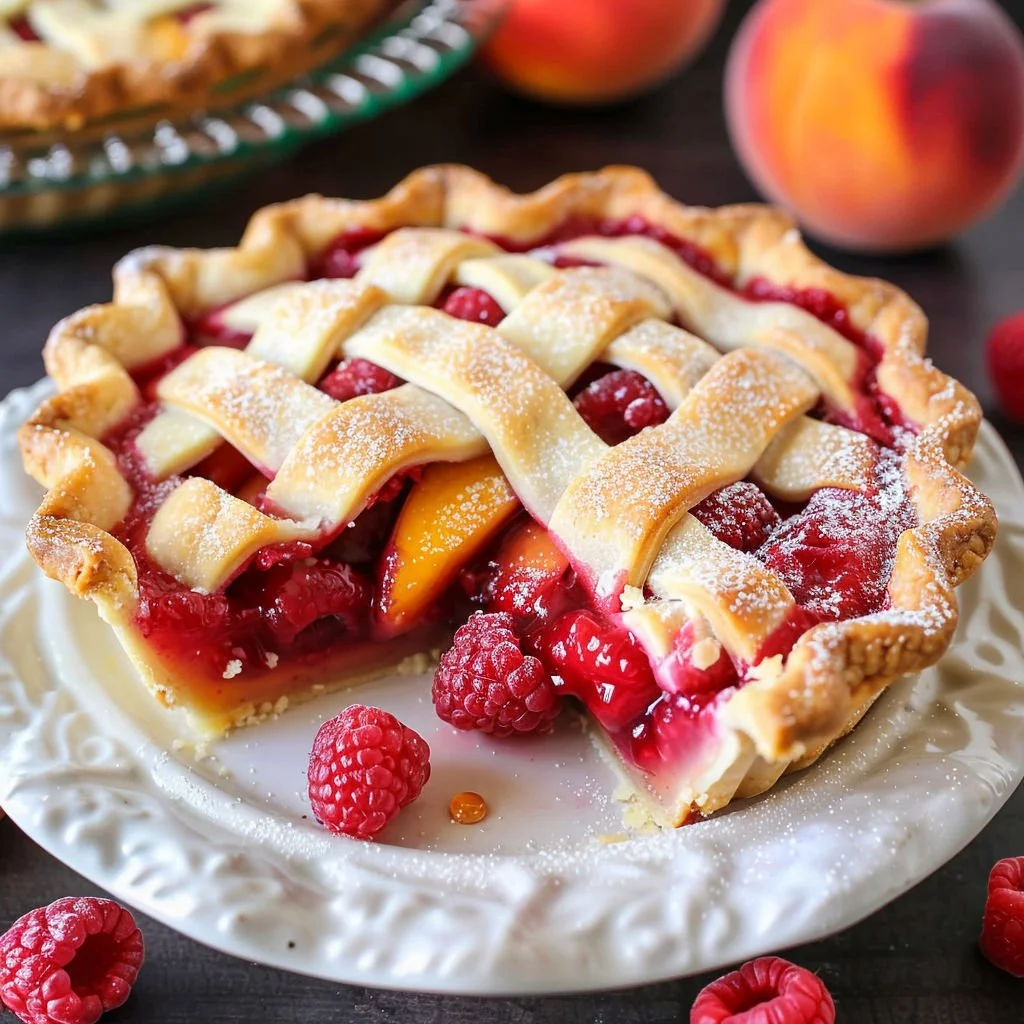 Homemade Raspberry Peach Pie with fresh berries and peaches