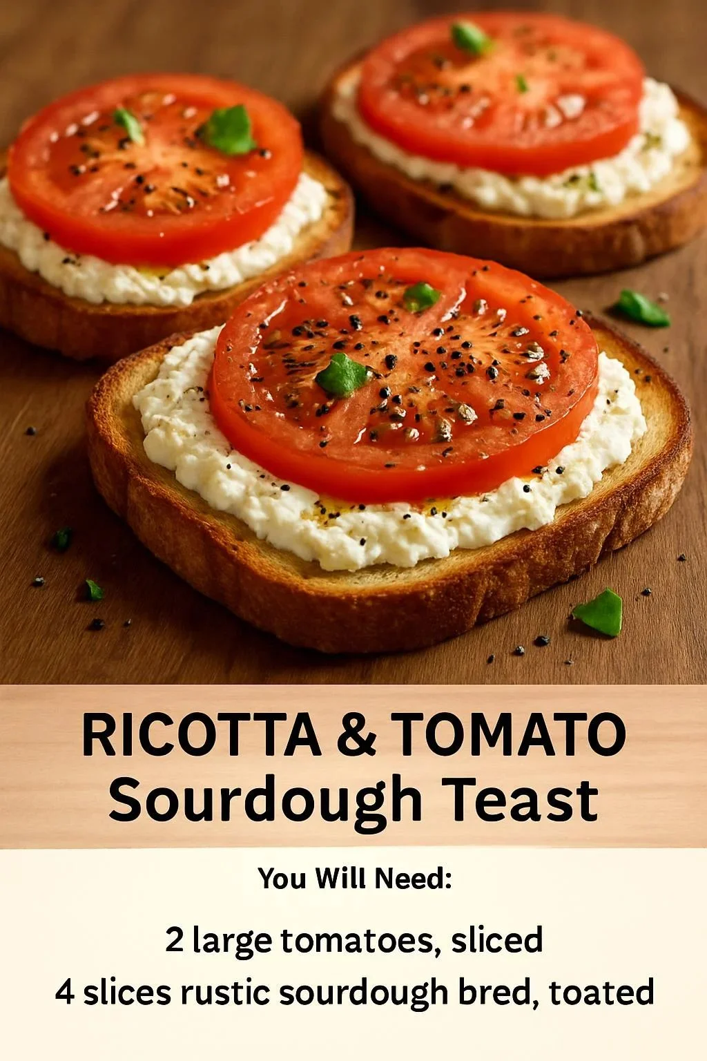Ricotta tomato toast on sourdough bread topped with fresh herbs