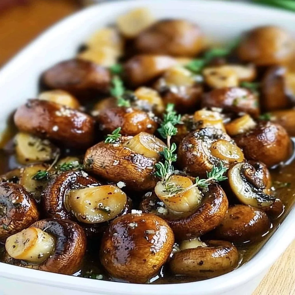 Plate of roasted mushrooms with browned butter, garnished with herbs