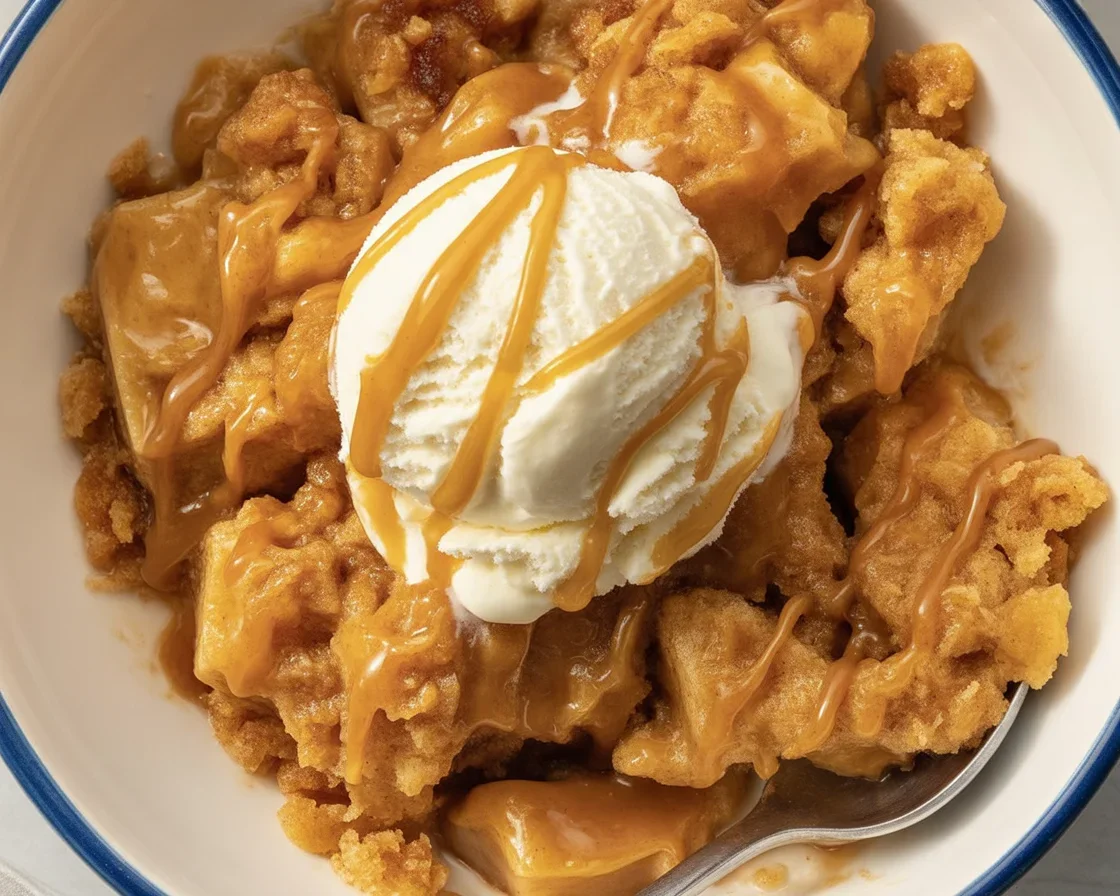 Delicious Caramel Apple Dump Cake topped with caramel and buttery crunch, perfect for fall