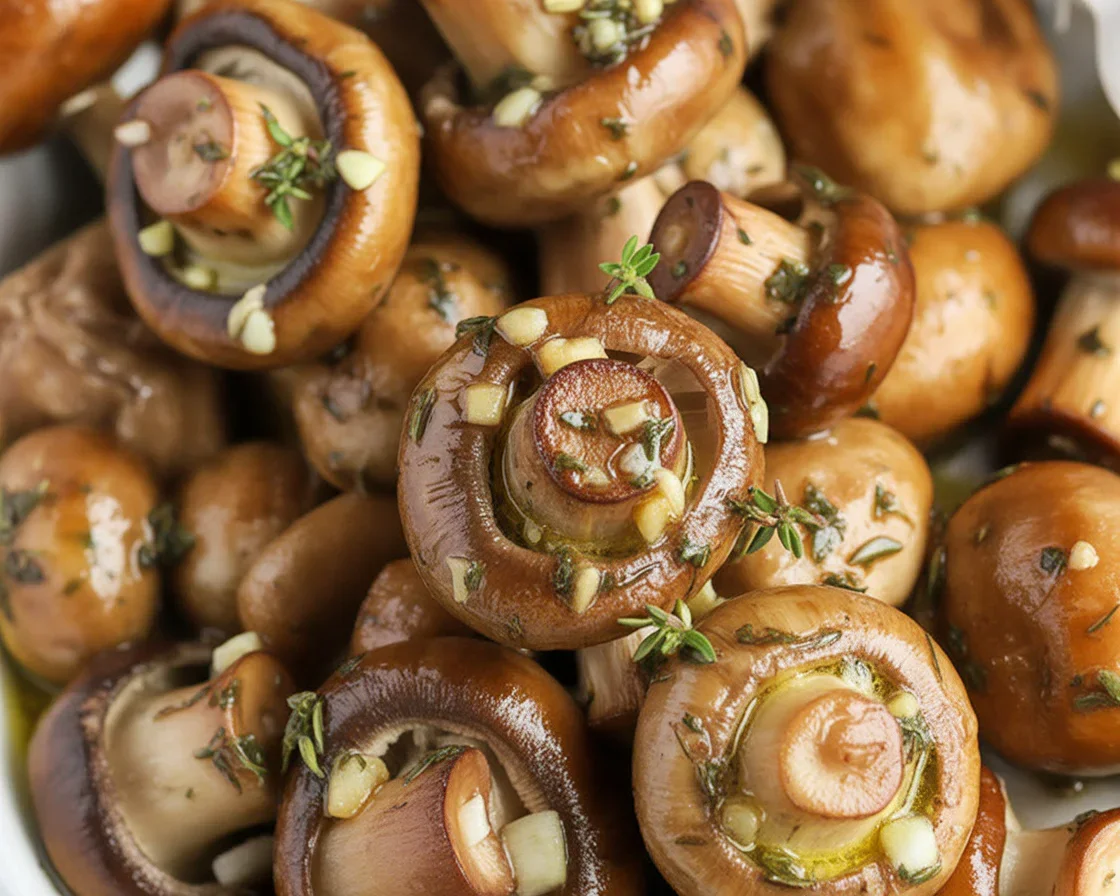 Roasted Mushrooms in a Browned Butter, Garlic and Thyme Sauce on a plate