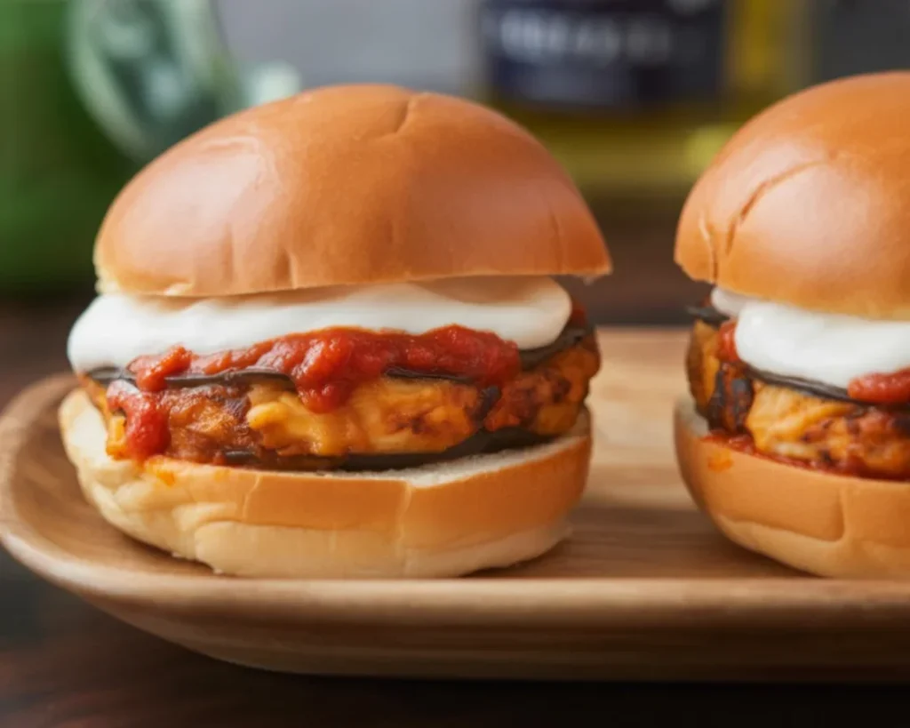 Delicious Eggplant Parm Sliders topped with marinara and cheese on brioche buns.