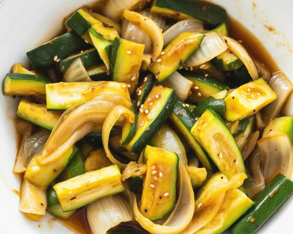 Plate of Japanese Zucchini sautéed with onions and teriyaki sauce