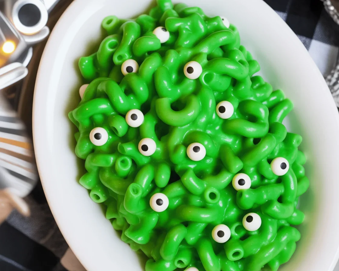 Bowl of Monster Mac and Cheese decorated with candy eyes for a fun Halloween treat.