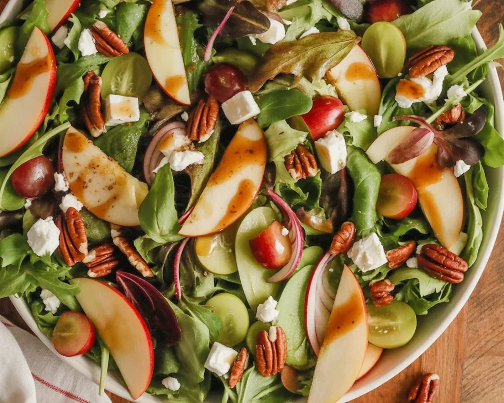 Autumn Spinach and Goat Cheese Salad with apples and pecans in a bowl.