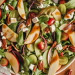 Autumn Spinach and Goat Cheese Salad with apples and pecans in a bowl.