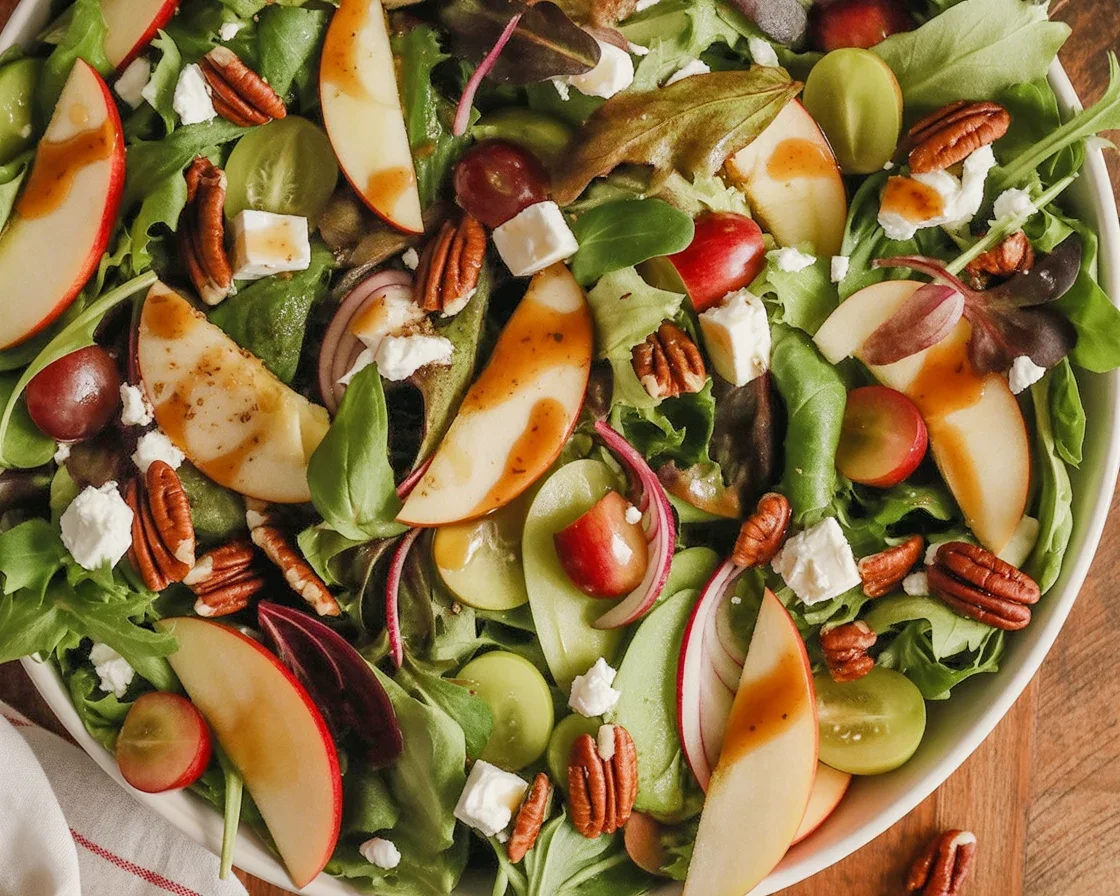 Autumn Spinach and Goat Cheese Salad with apples and pecans in a bowl.