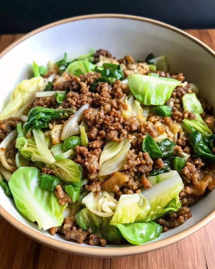 Savory low-carb cabbage and beef stir fry served in a colorful bowl