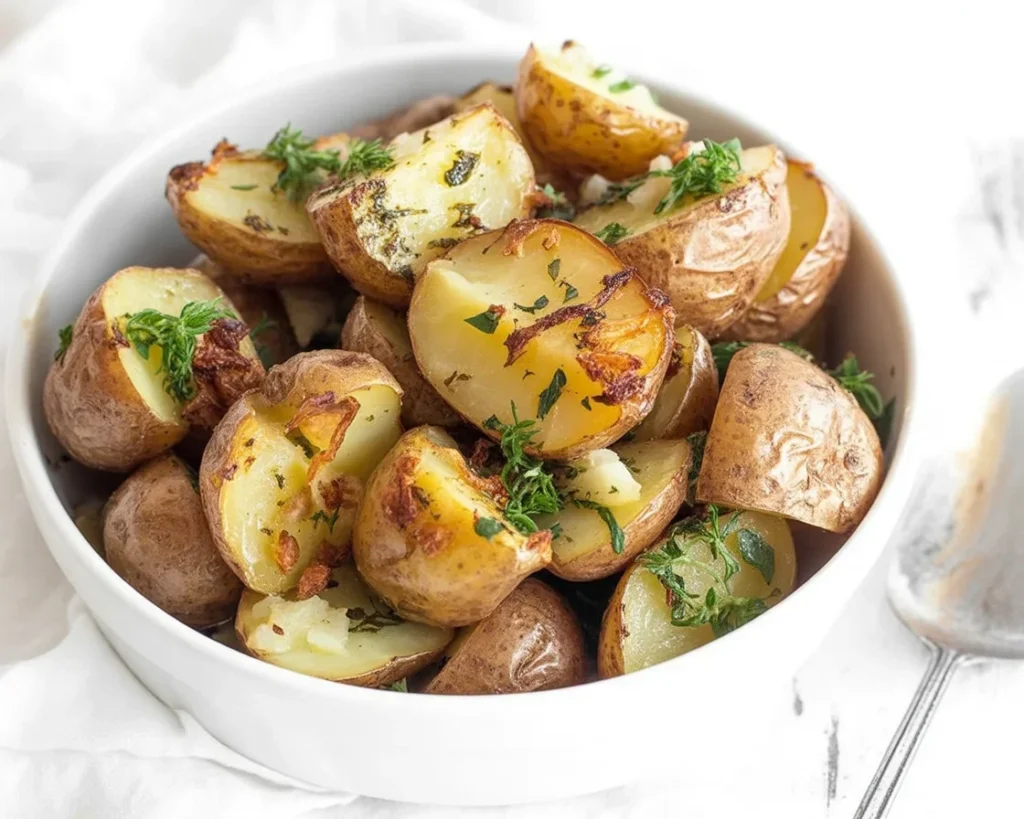 Crispy Roasted Garlic Butter Parmesan Potatoes garnished with herbs.