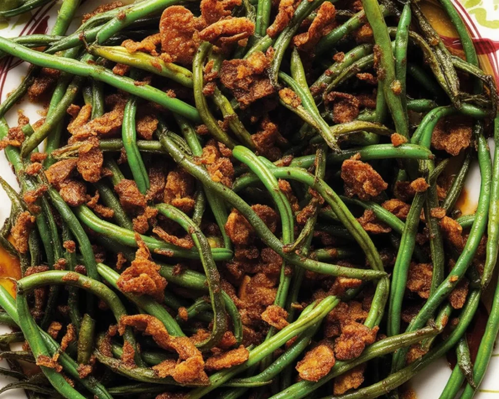 Plate of Roasted Green Beans with Caramelized Onions topped with spices