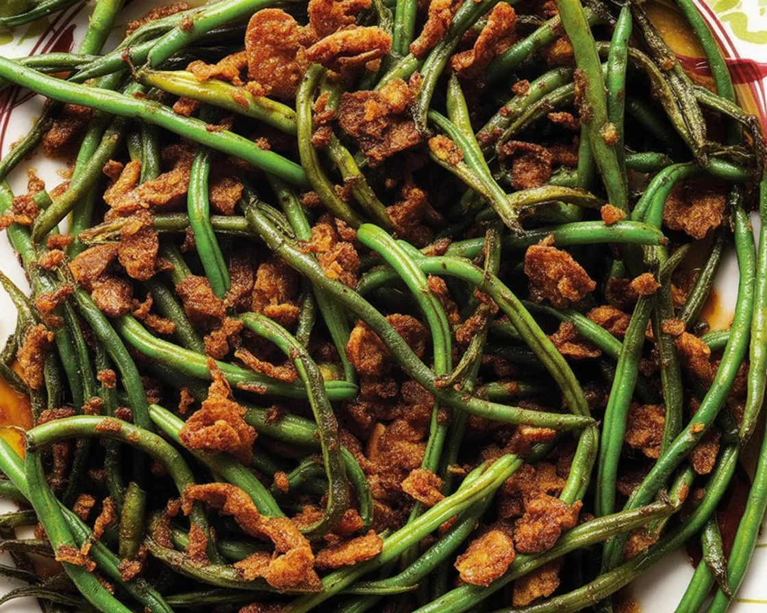 Plate of Roasted Green Beans with Caramelized Onions topped with spices
