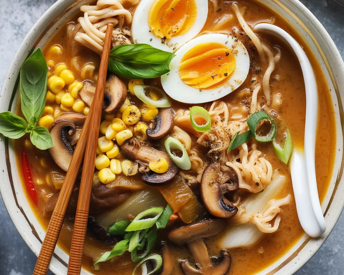 Bowl of Spicy Miso Ramen with shiitake mushrooms and corn