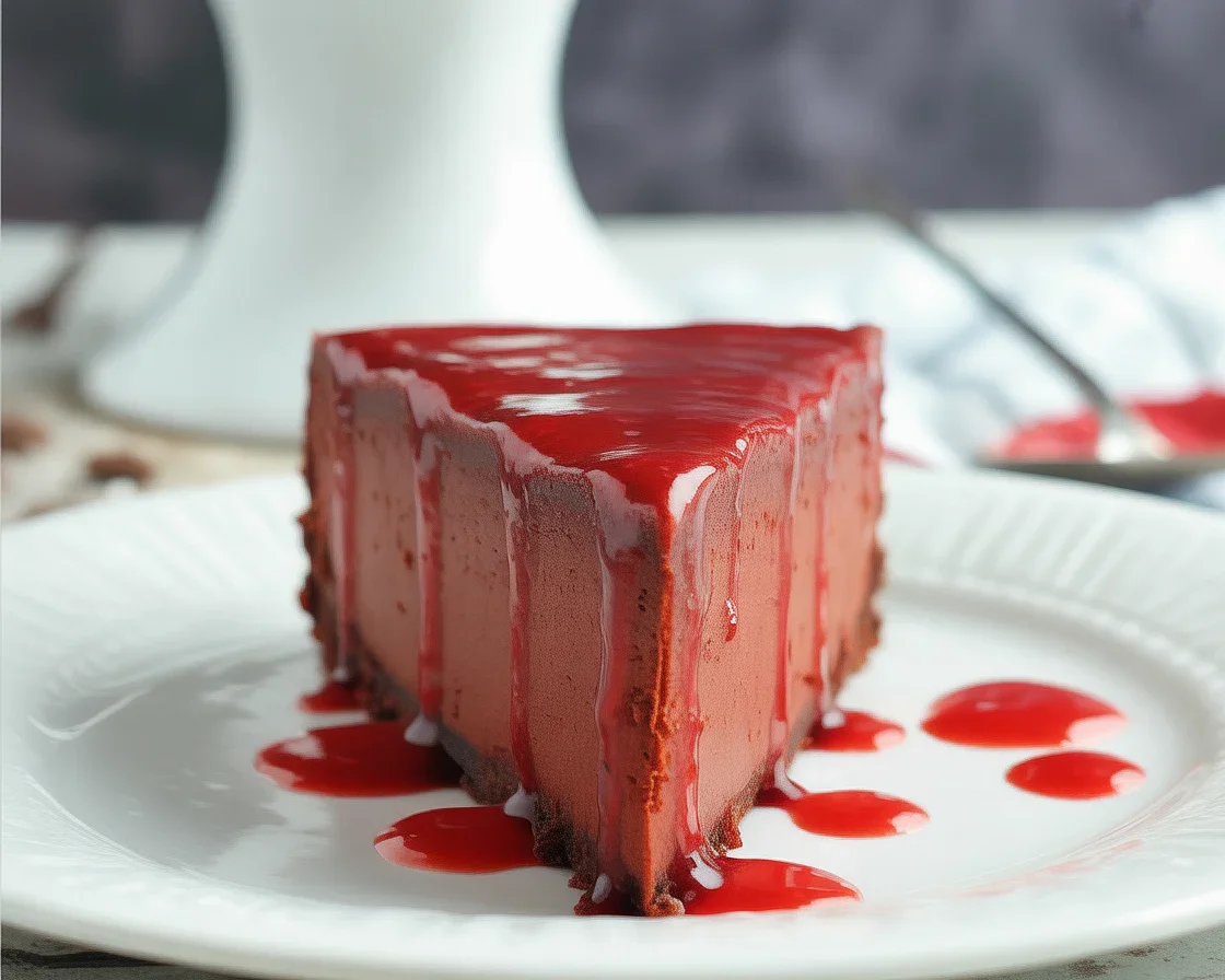 Bloody Red Velvet Cheesecake with chocolate graham crust and creamy frosting