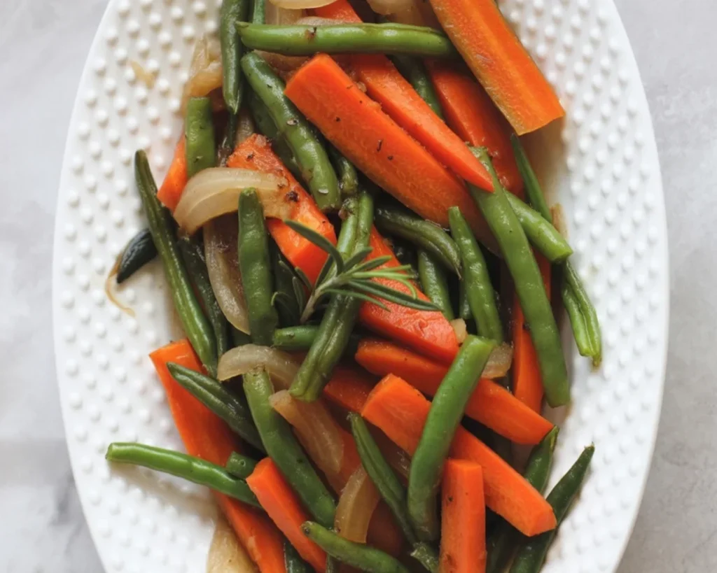 Oven-roasted carrots and green beans seasoned with garlic and herbs.