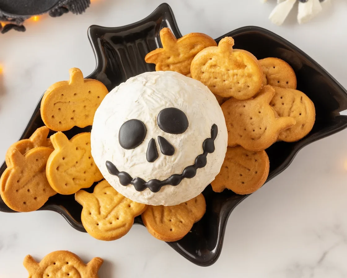 Jack Skellington Cheese Ball Appetizer served with pumpkin tortilla chips