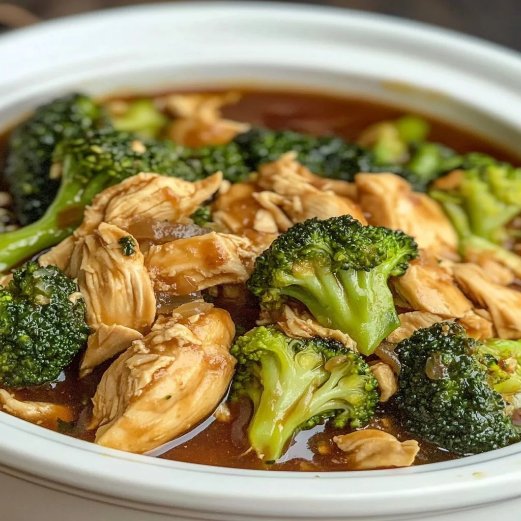Slow cooker chicken and broccoli dish with vibrant green broccoli florets.