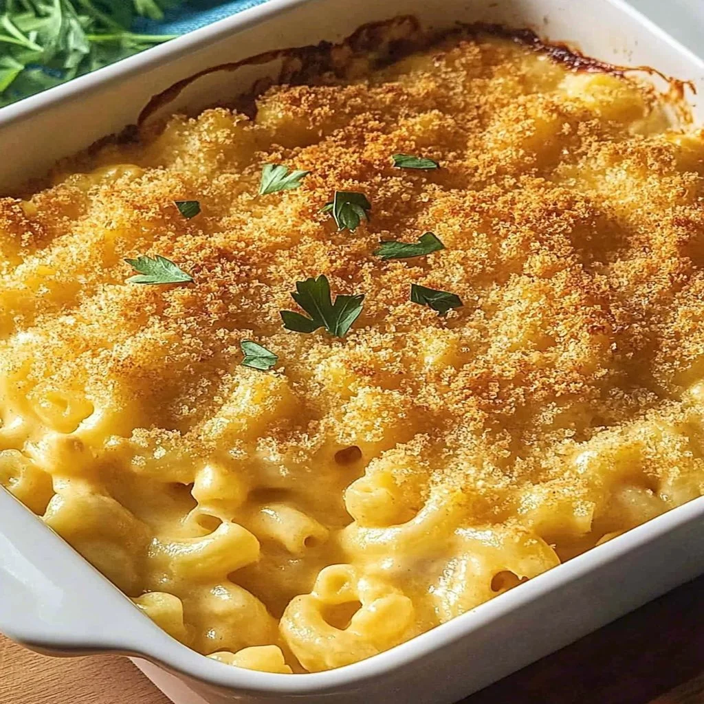 Southern Baked Mac and Cheese topped with breadcrumbs and baked to perfection