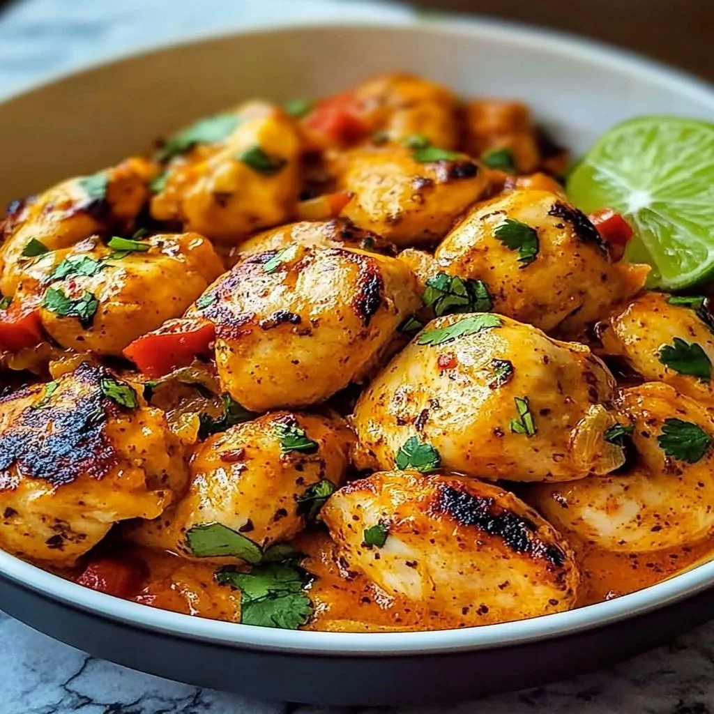 Delicious Spicy Brazilian Coconut Chicken served with fresh herbs.