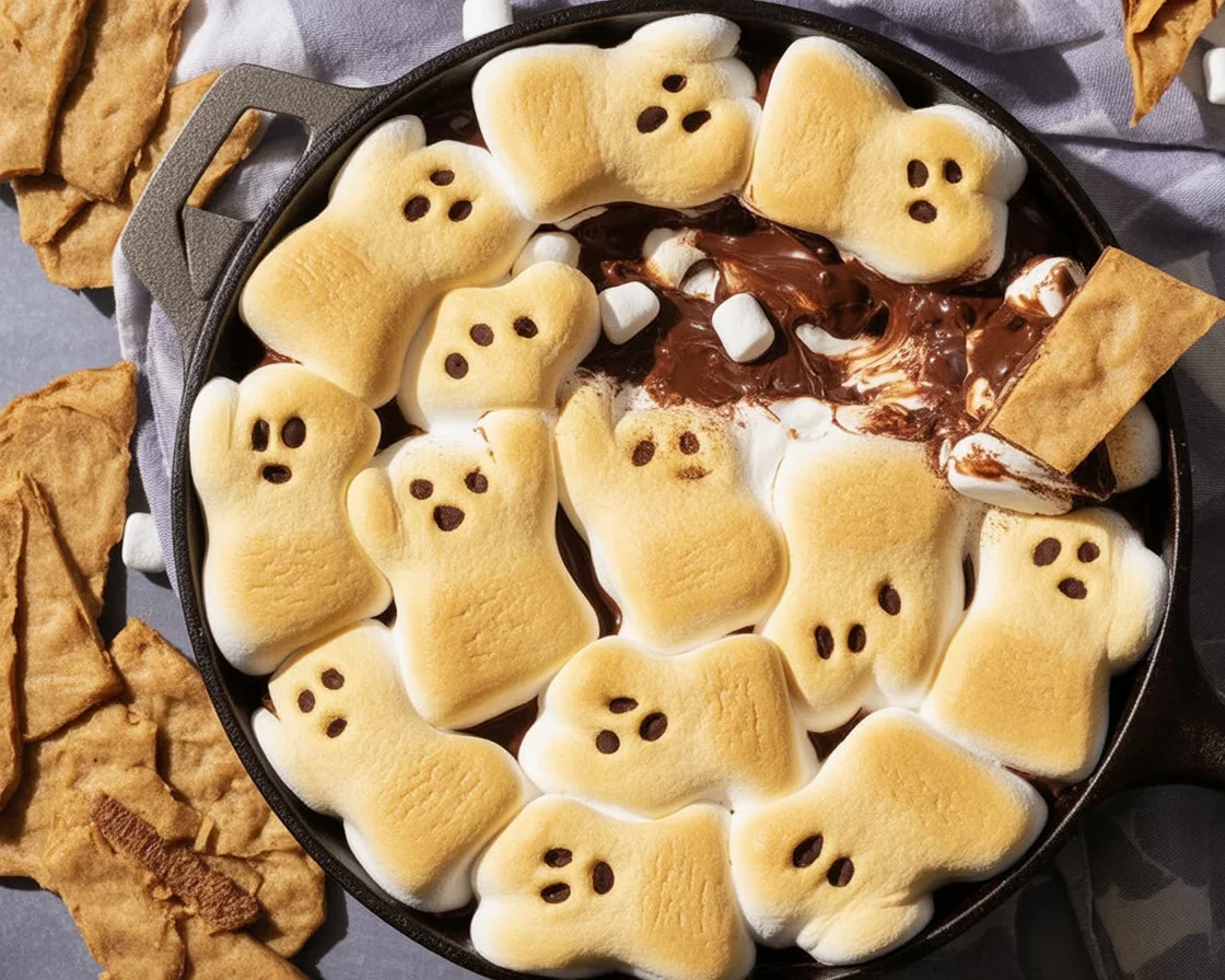 Delicious Ghost S'mores Dip with chocolate chips and ghost marshmallows for Halloween.