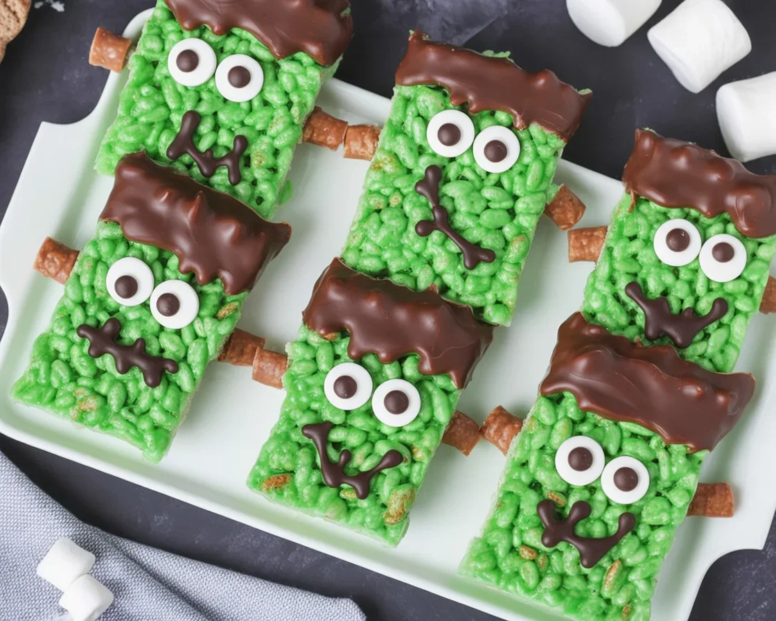 Frankenstein Rice Krispie Treats decorated with candy eyes and chocolate hair