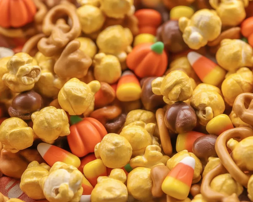 Delicious Scarecrow Crunch Snack Mix with candy corn and caramel corn.