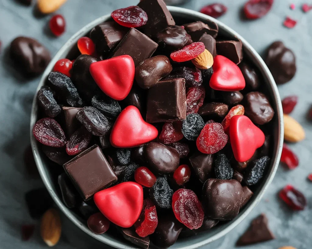 Vampire Bite Trail Mix with cranberries, dark chocolate, and spooky candies for Halloween