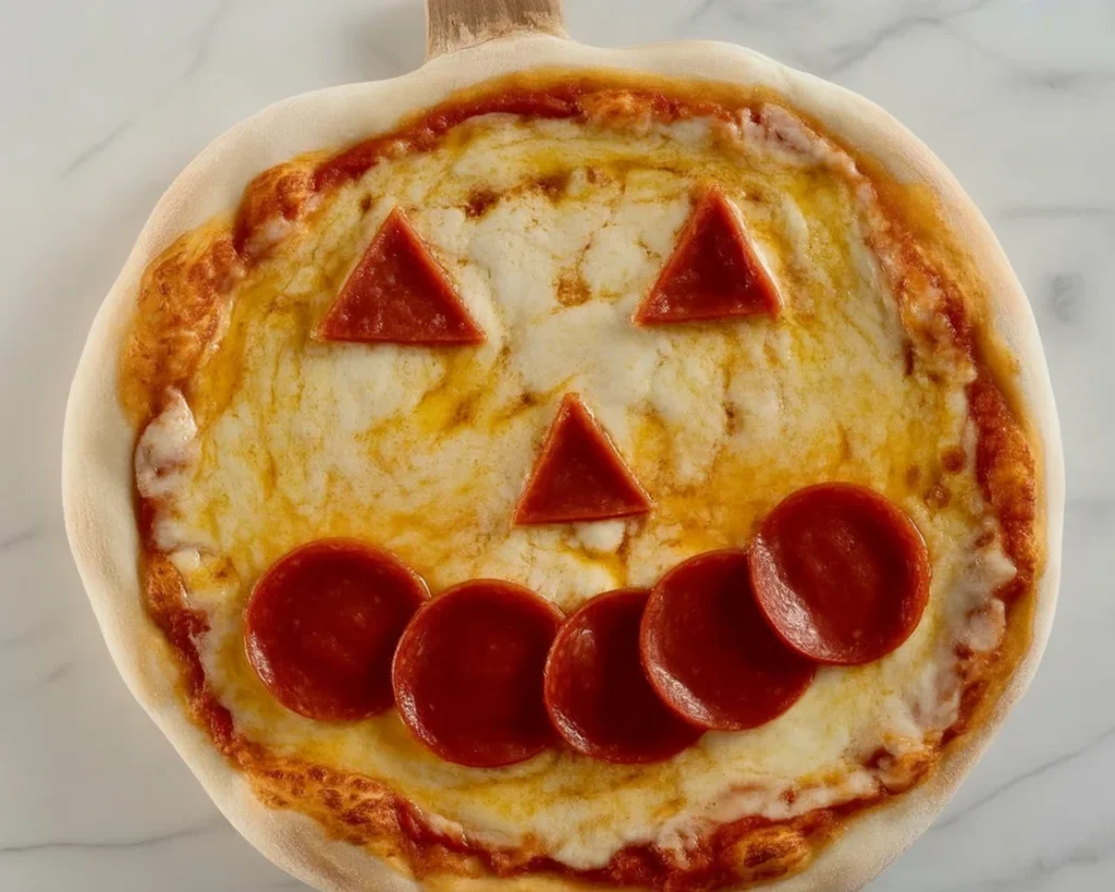 Halloween Pumpkin Pizza with pepperoni and melted cheese on a thin crust