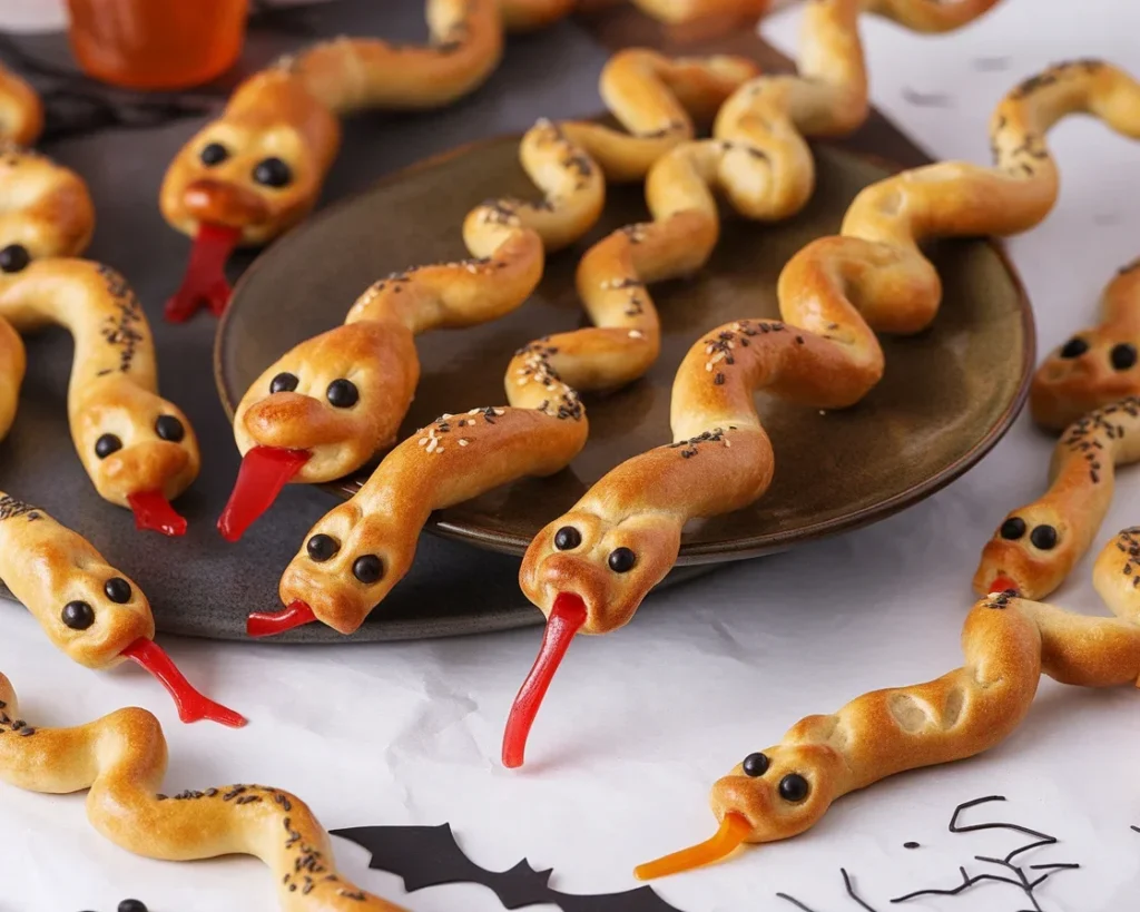 Deliciously spooky snake breadsticks perfect for Halloween parties.