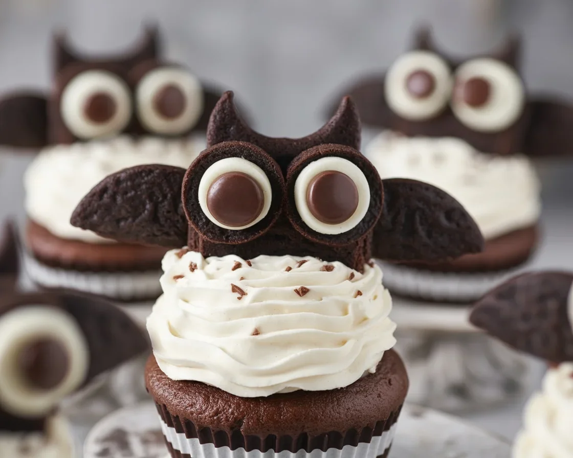 Cute Bat Oreos made with Double Stuf Oreos, chocolate, and candy eyes for Halloween.