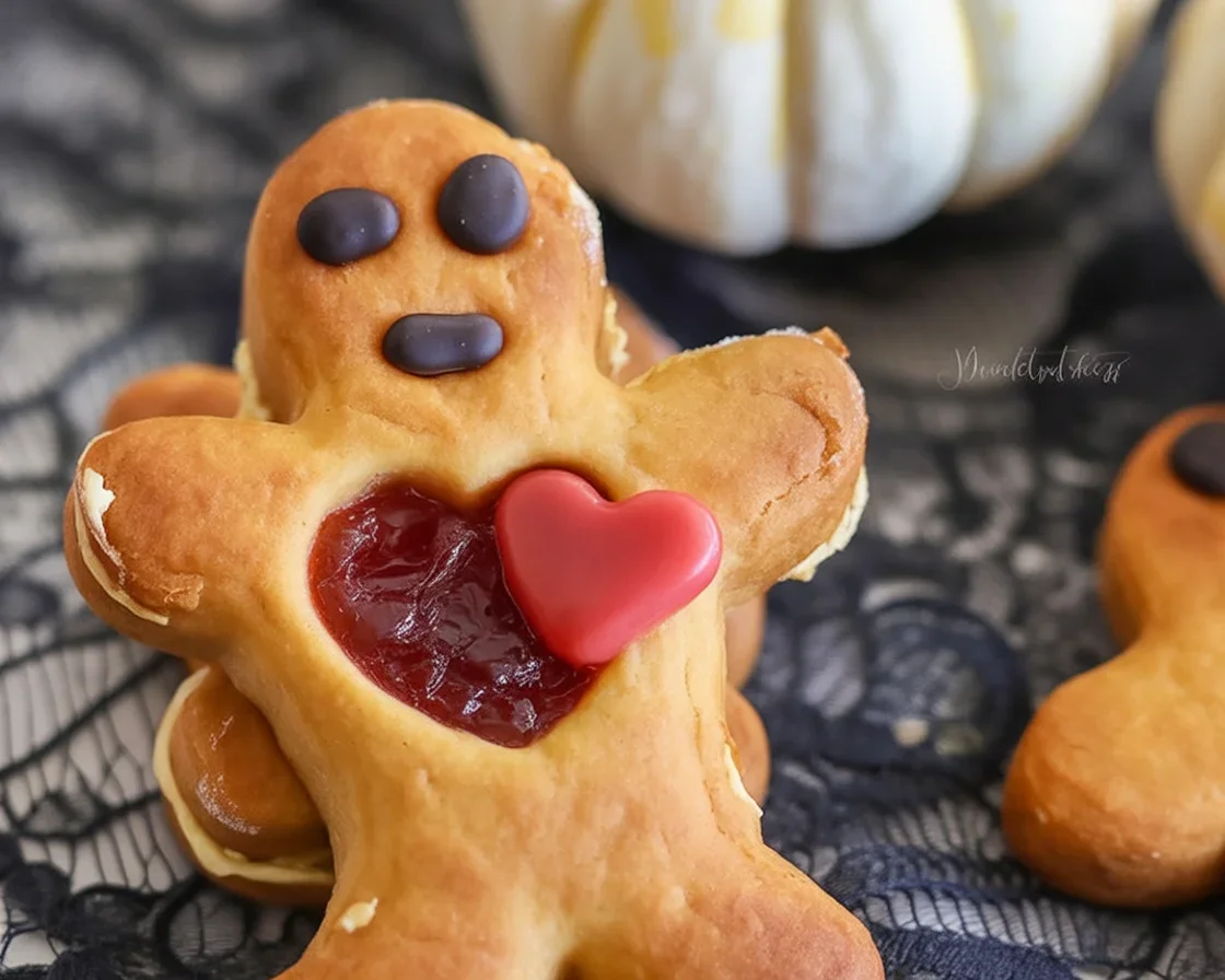 Spooky Easy Puff Pastry Voodoo Dolls with honey fake blood for Halloween.