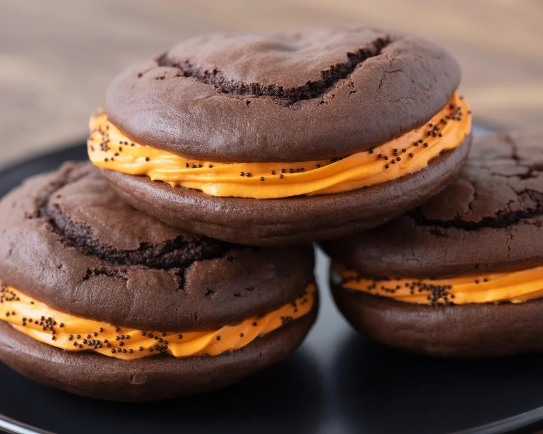 Halloween Whoopie Pies - soft chocolate cookies filled with creamy orange frosting.