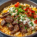 Delicious Steak Queso Rice Delight with tender steak and creamy cheese sauce