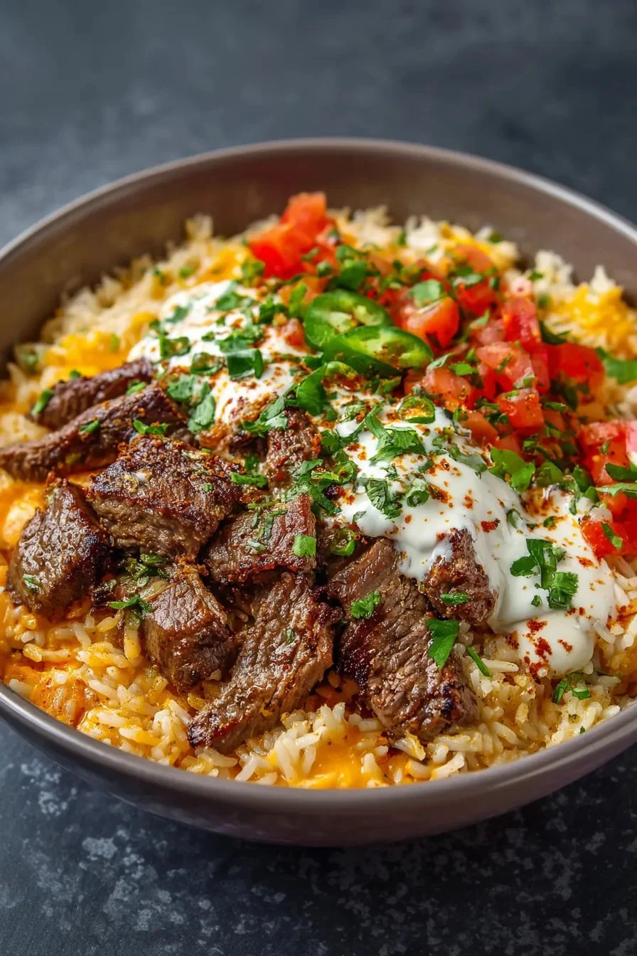 Delicious Steak Queso Rice Delight with tender steak and creamy cheese sauce