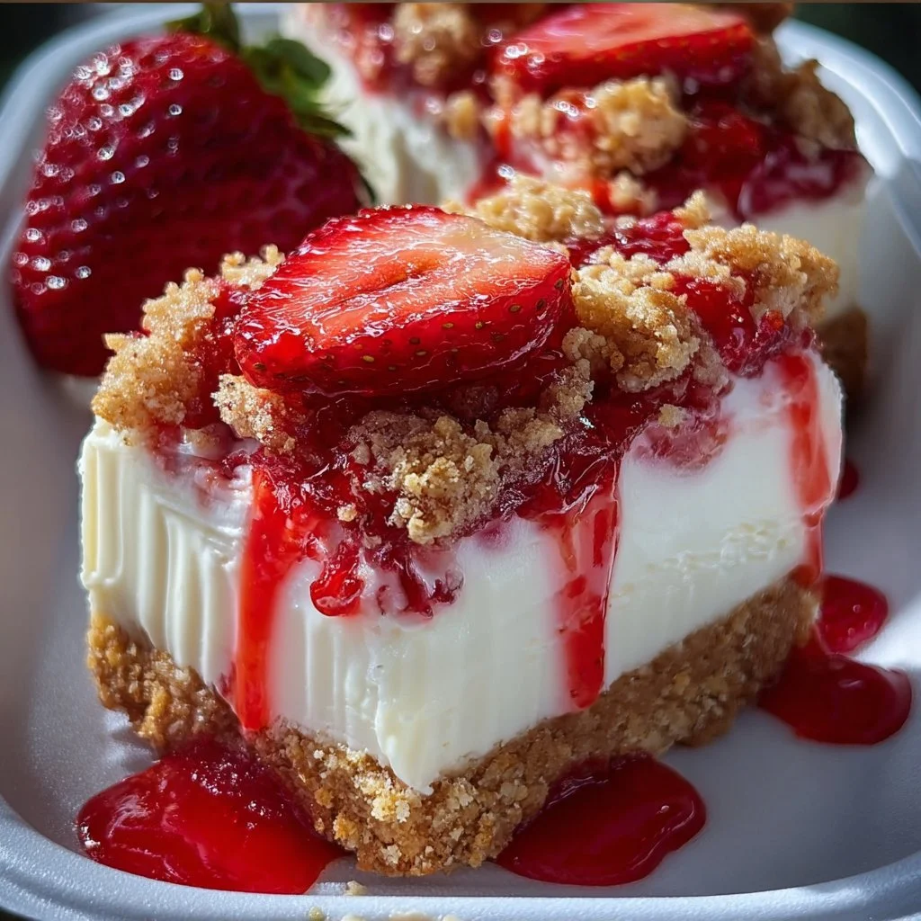 Delicious Strawberry Crunch Cheesecake Chunks with a crunchy topping