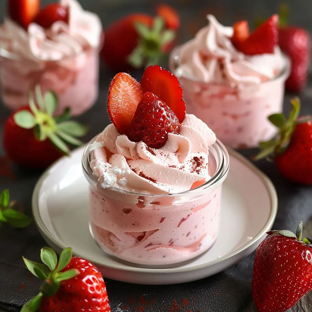 Delicious Strawberry Mousse served in a glass, topped with fresh strawberries