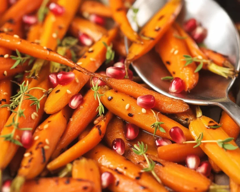 Honey Maple Roasted Carrots drizzled with honey and maple glaze, served warm.