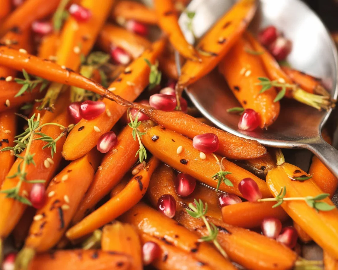 Honey Maple Roasted Carrots drizzled with honey and maple glaze, served warm.