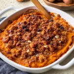 Delicious Sweet Potato Casserole topped with marshmallows and pecans