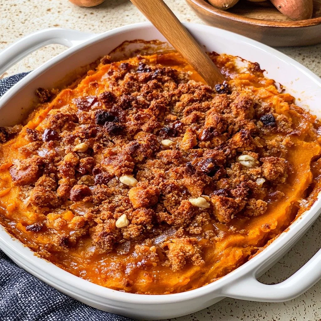 Delicious Sweet Potato Casserole topped with marshmallows and pecans