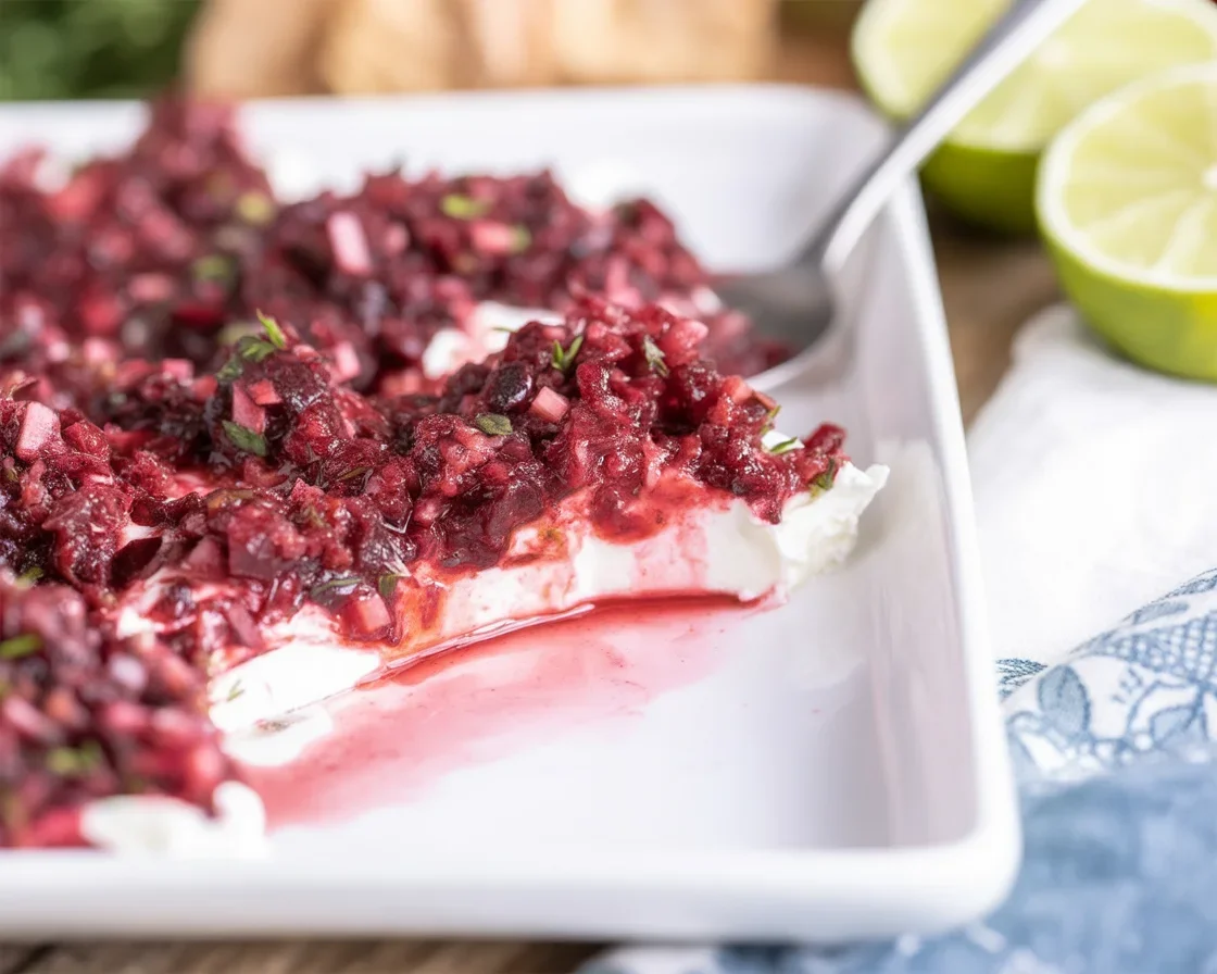 Thanksgiving Cranberry Dip Appetizer served over cream cheese for festive gatherings.