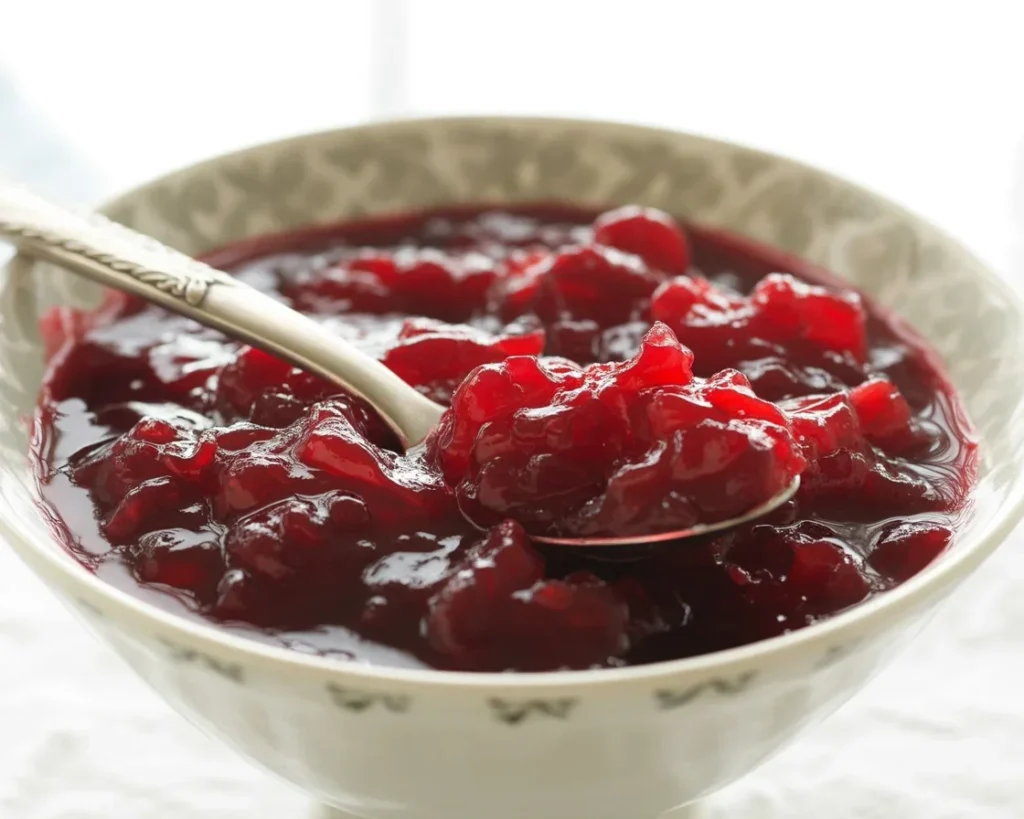 Best Ever Cranberry Sauce with cranberries, orange juice, and spices in a saucepan.