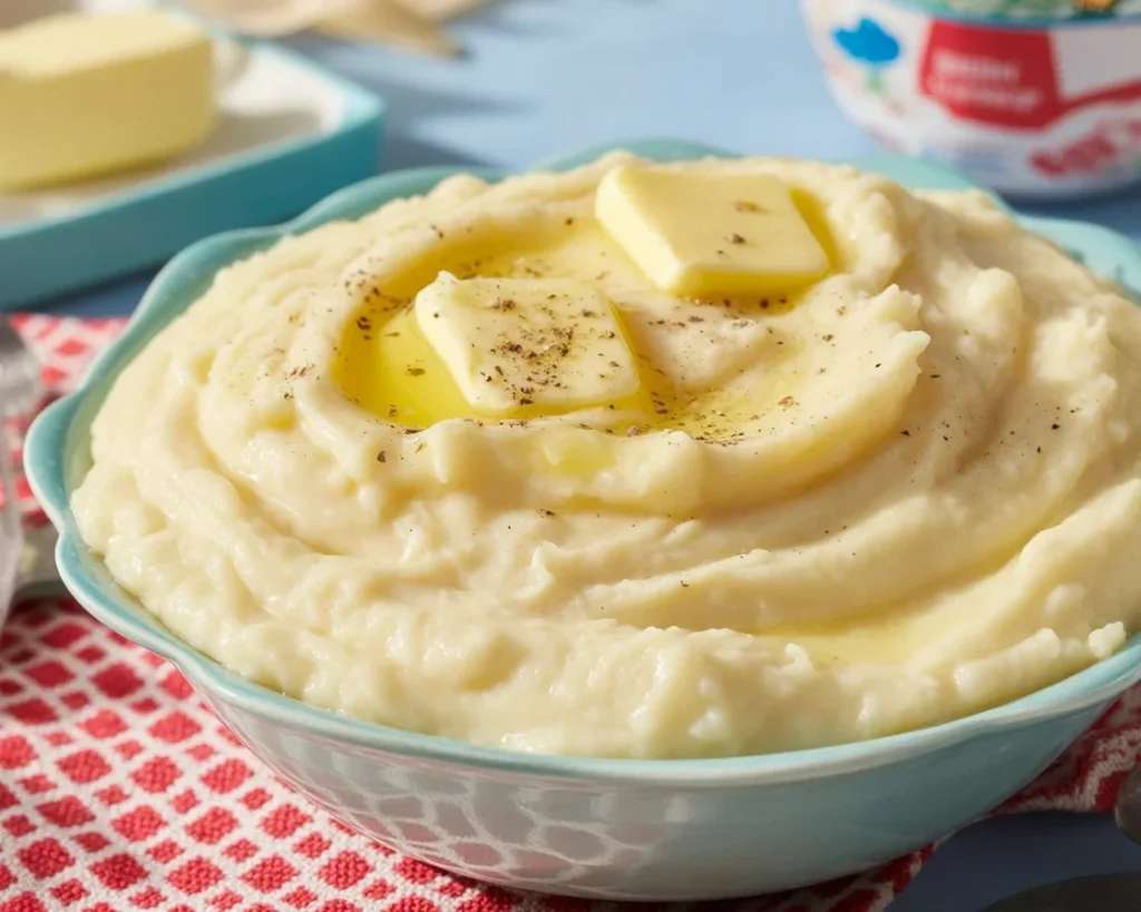 Creamy mashed potatoes topped with butter, perfect for any meal.