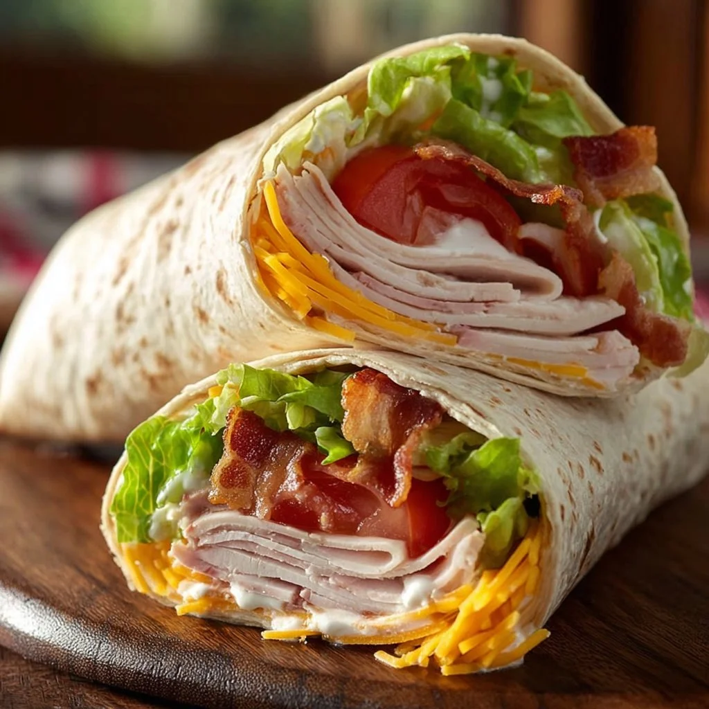 Turkey Ranch Club Wrap with turkey, ranch dressing, and vegetables
