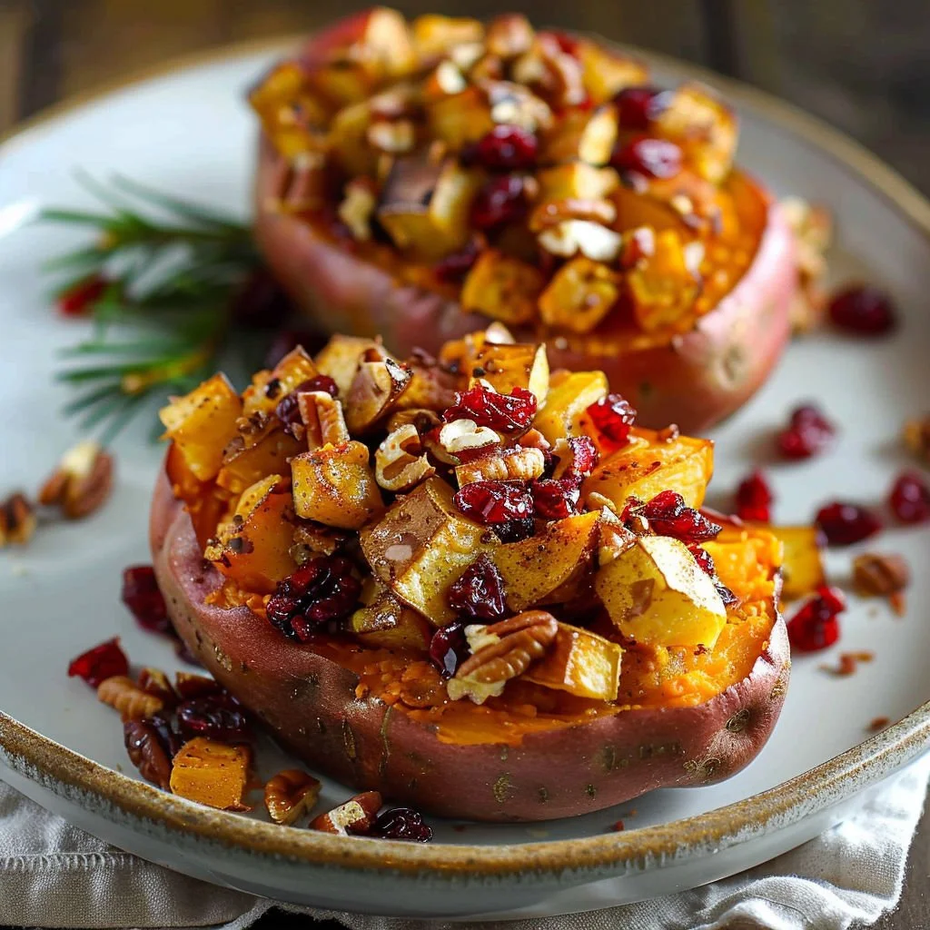 Twice-baked sweet potatoes topped with apple and cranberry filling.