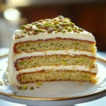Delicious Vanilla Bean Pistachio Cake with vibrant green pistachio accents.