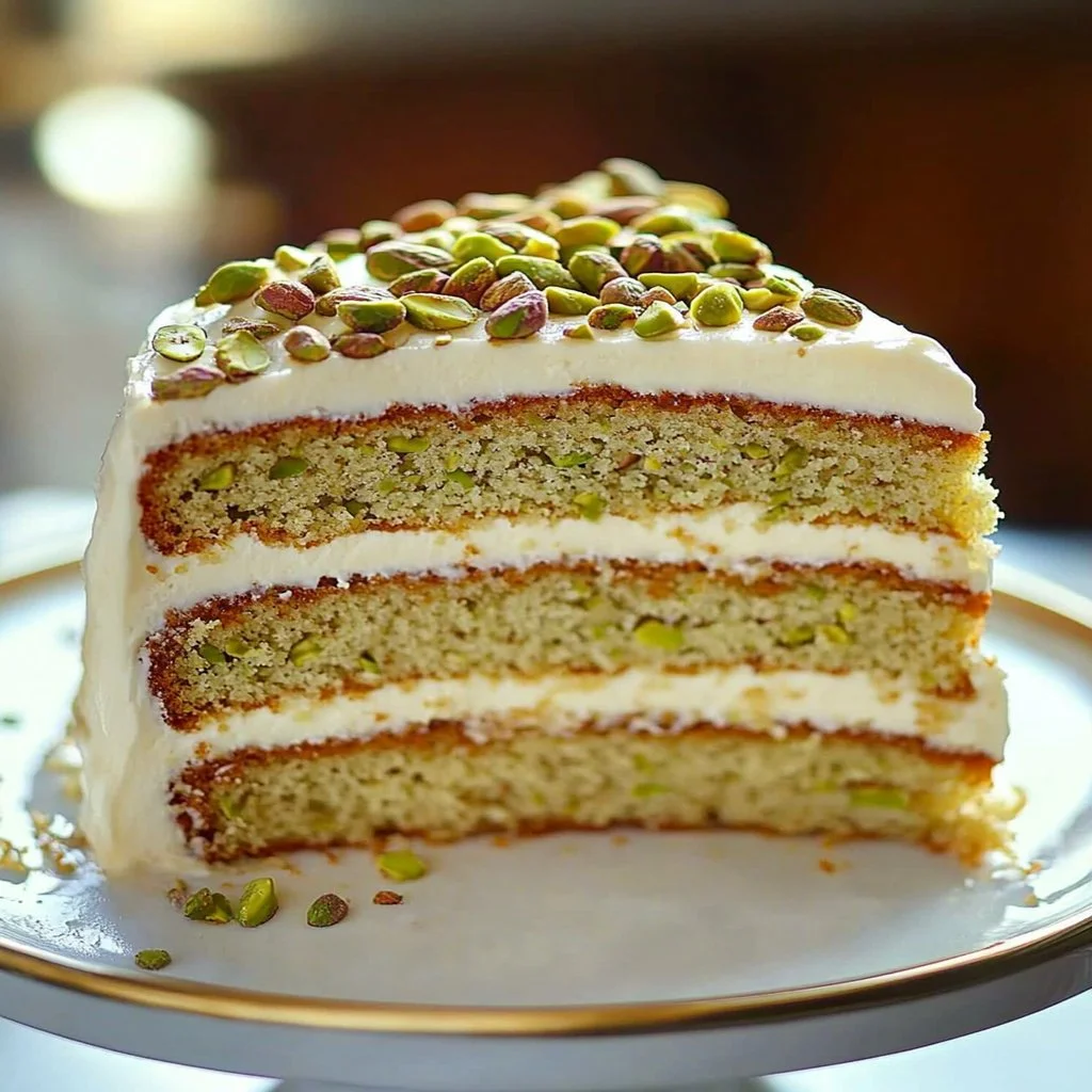 Delicious Vanilla Bean Pistachio Cake with vibrant green pistachio accents.