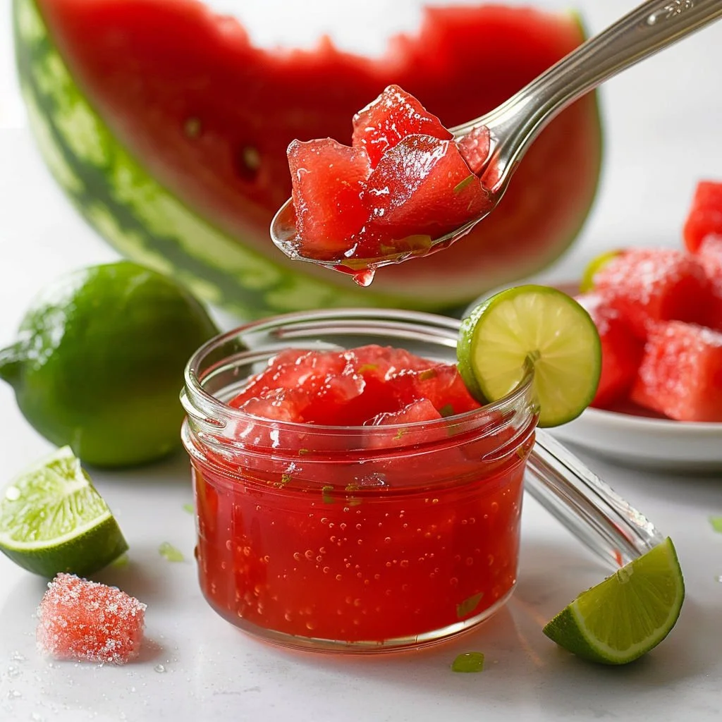 Jars of homemade watermelon lime jelly preserves on a rustic table