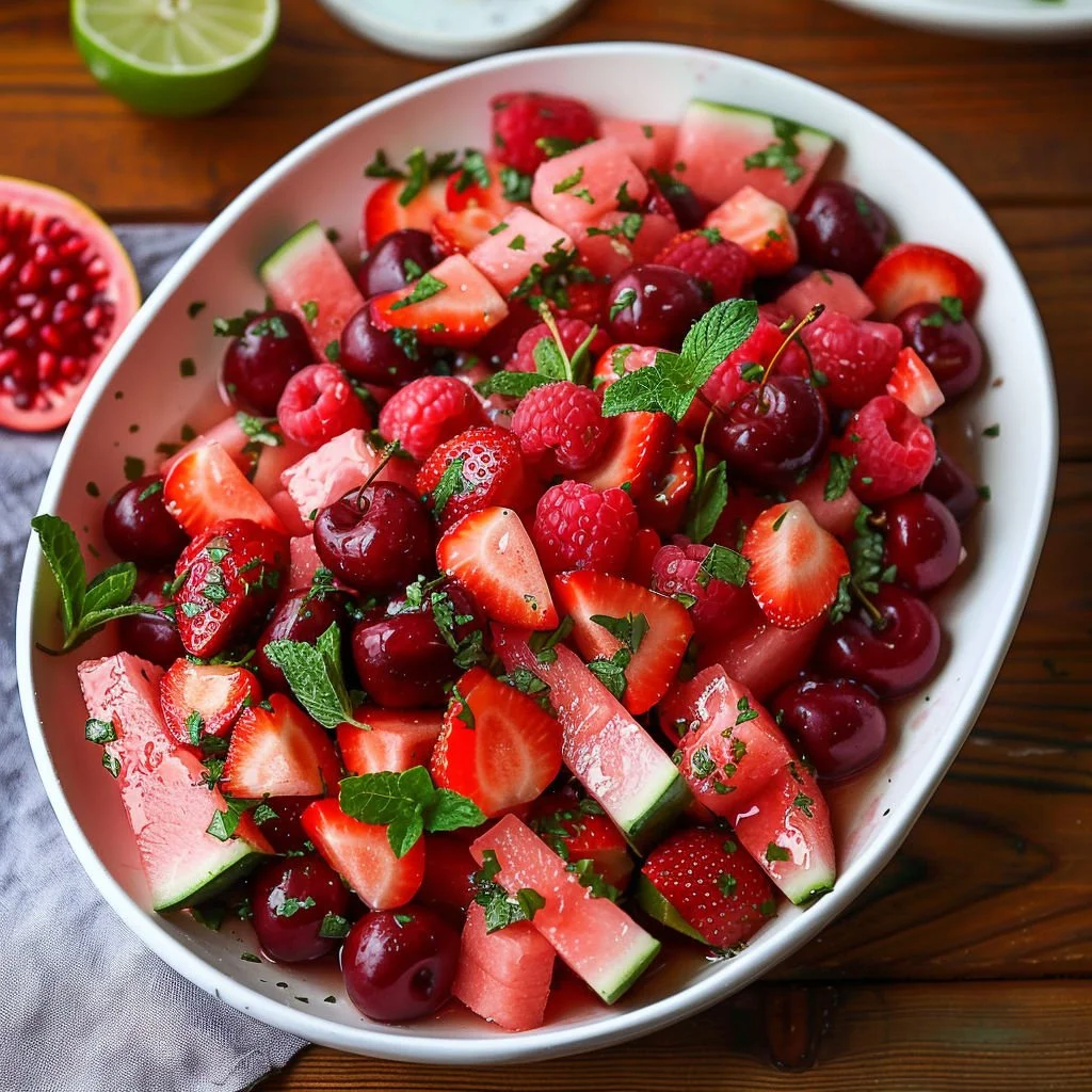 Watermelon Lime Mint Salad garnished with fresh mint leaves