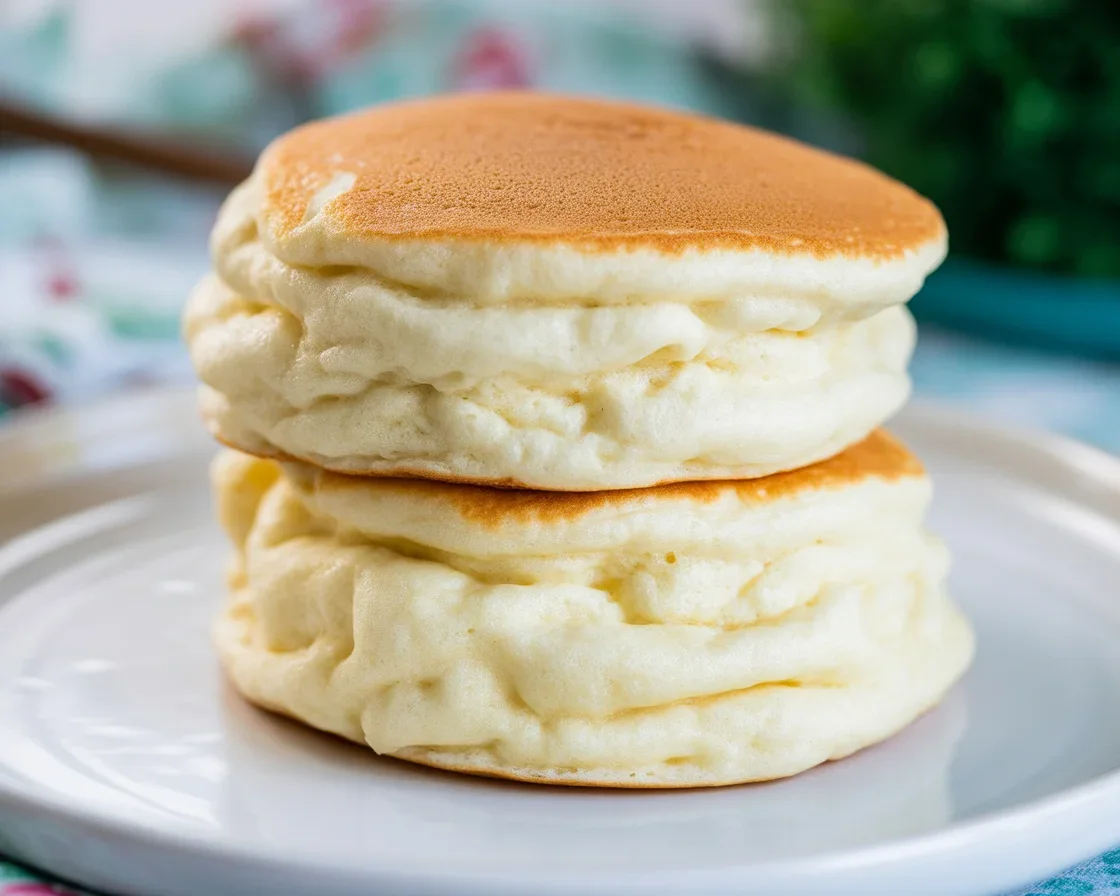 Fluffy Japanese Soufflé Pancakes topped with whipped cream and fresh berries.